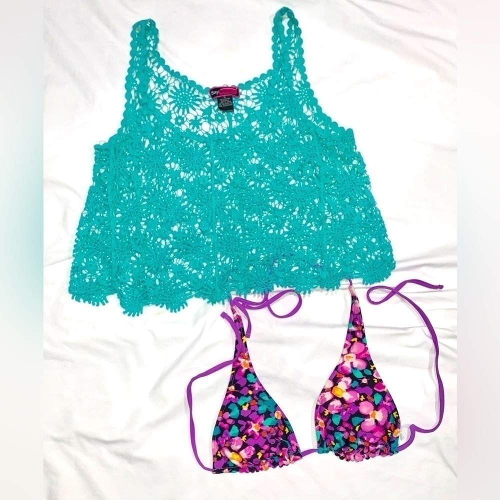 Say What? Turquoise Crochet Swim coverup Medium Triangle Reversible Bikini Top